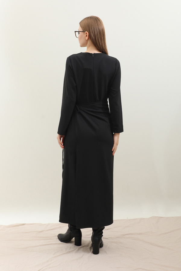 Yandan Bağlamalı Etekli Elbise Siyah - 9