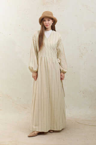 Yandan Bağlamalı Keten Kimona Kahverengi - 1