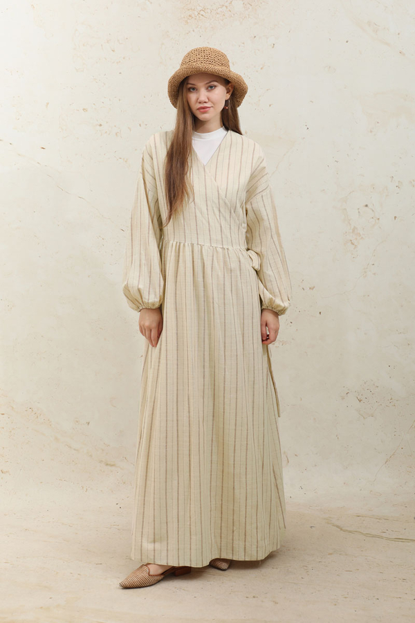 Yandan Bağlamalı Keten Kimona Kahverengi 