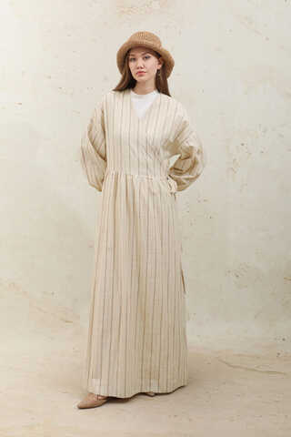 Yandan Bağlamalı Keten Kimona Kahverengi - 2