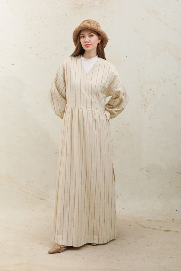 Yandan Bağlamalı Keten Kimona Kahverengi - 2