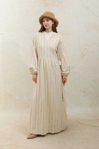 Yandan Bağlamalı Keten Kimona Kahverengi - 3