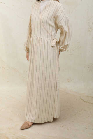 Yandan Bağlamalı Keten Kimona Kahverengi - 4