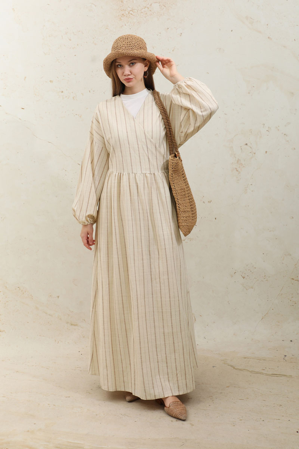 Yandan Bağlamalı Keten Kimona Kahverengi - 5