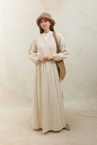 Yandan Bağlamalı Keten Kimona Kahverengi - 6