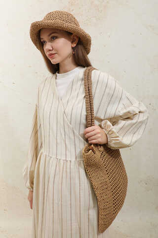 Yandan Bağlamalı Keten Kimona Kahverengi - 7