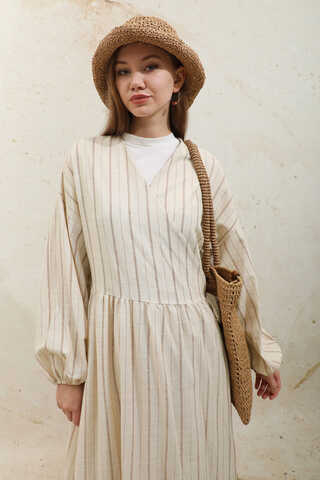 Yandan Bağlamalı Keten Kimona Kahverengi - 8