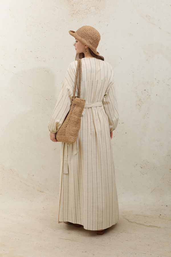 Yandan Bağlamalı Keten Kimona Kahverengi - 9