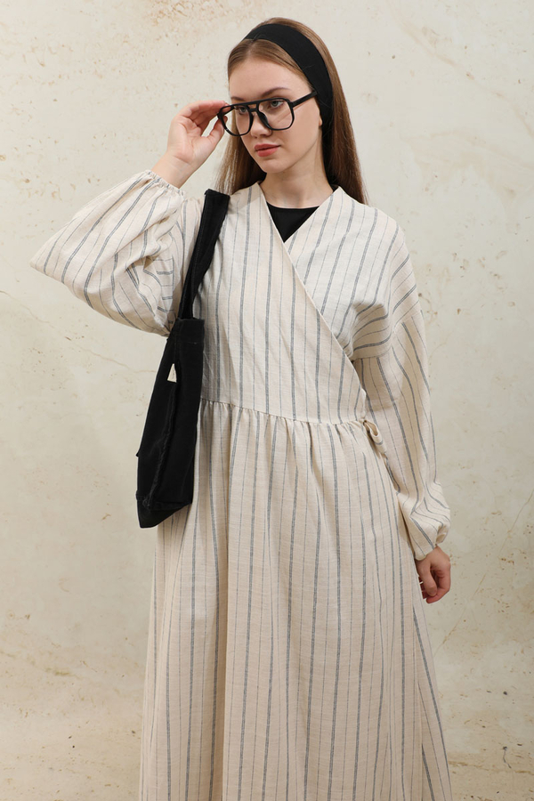 Yandan Bağlamalı Keten Kimona Lacivert - 3