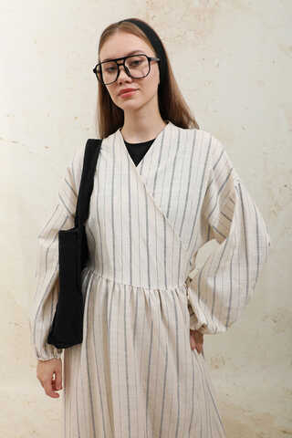 Yandan Bağlamalı Keten Kimona Lacivert - 5