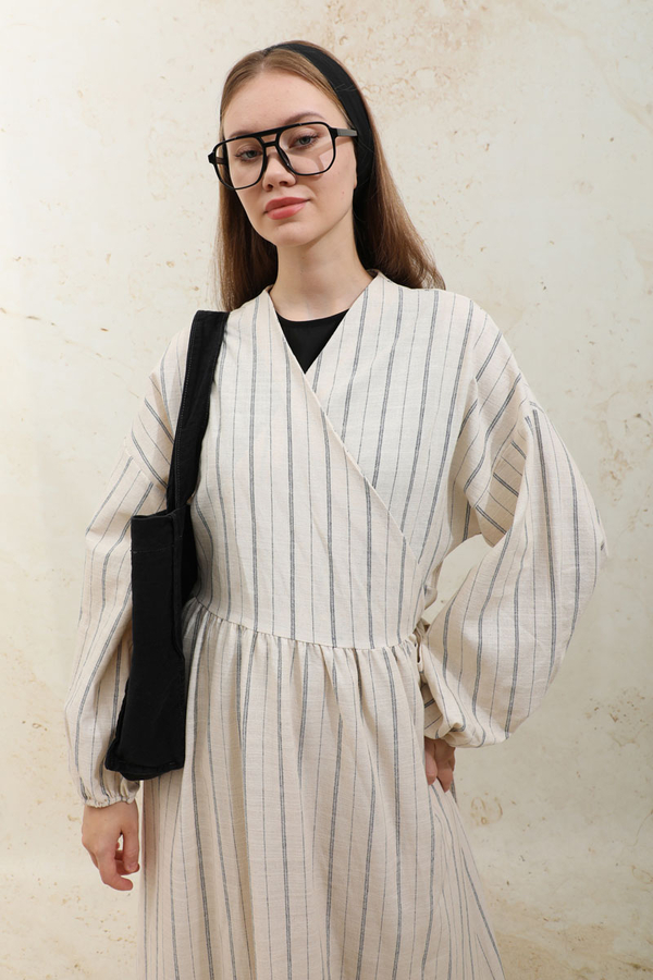 Yandan Bağlamalı Keten Kimona Lacivert - 5