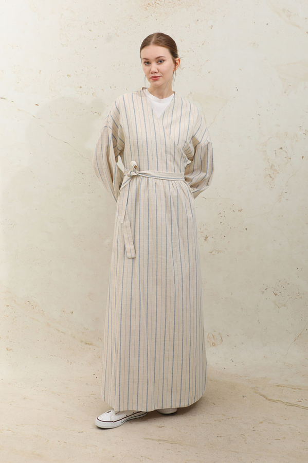 Yandan Bağlamalı Keten Kimona Mavi - 2