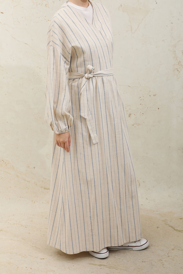 Yandan Bağlamalı Keten Kimona Mavi - 3