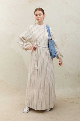 Yandan Bağlamalı Keten Kimona Mavi - 1