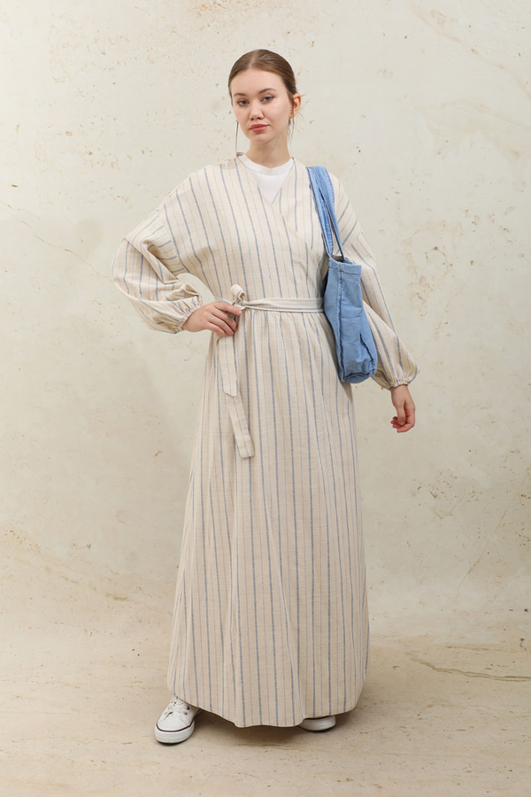 Yandan Bağlamalı Keten Kimona Mavi 