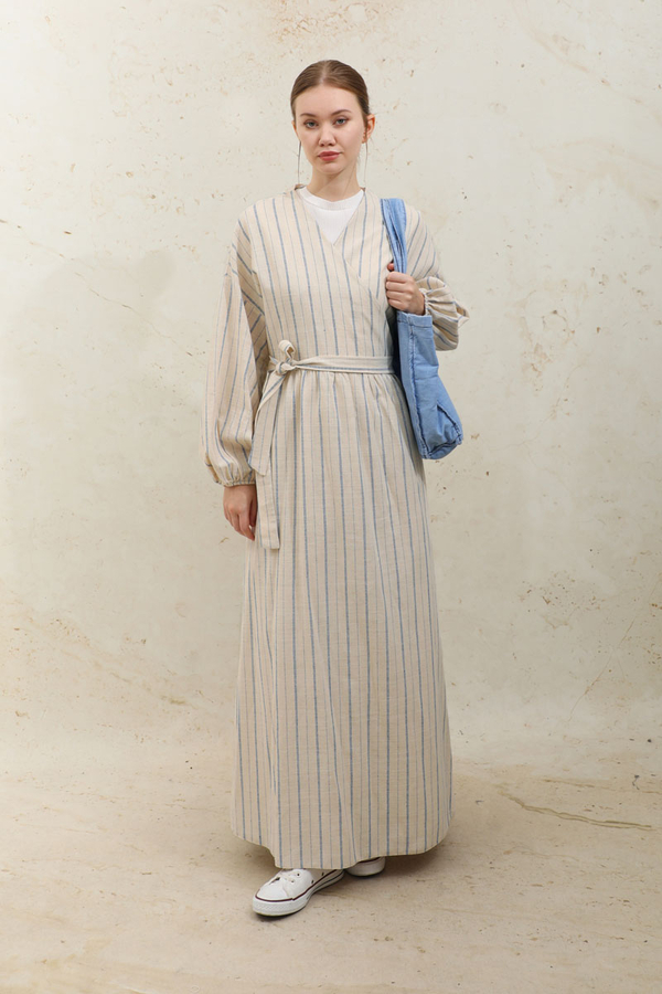 Yandan Bağlamalı Keten Kimona Mavi - 4