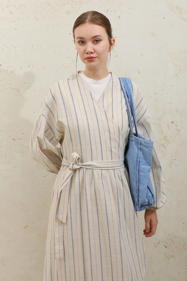 Yandan Bağlamalı Keten Kimona Mavi - 5