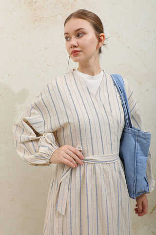 Yandan Bağlamalı Keten Kimona Mavi - 6