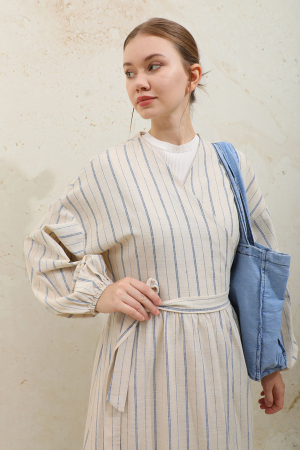 Yandan Bağlamalı Keten Kimona Mavi - 6