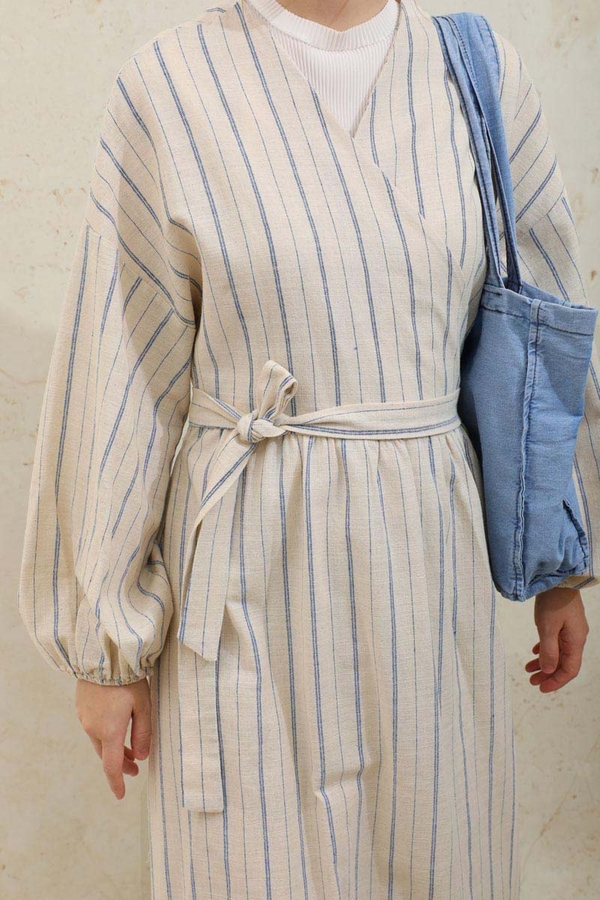 Yandan Bağlamalı Keten Kimona Mavi - 7