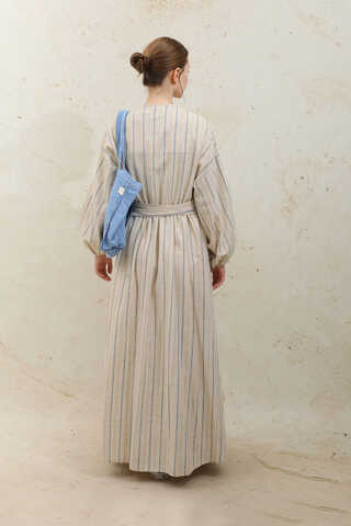 Yandan Bağlamalı Keten Kimona Mavi - 8