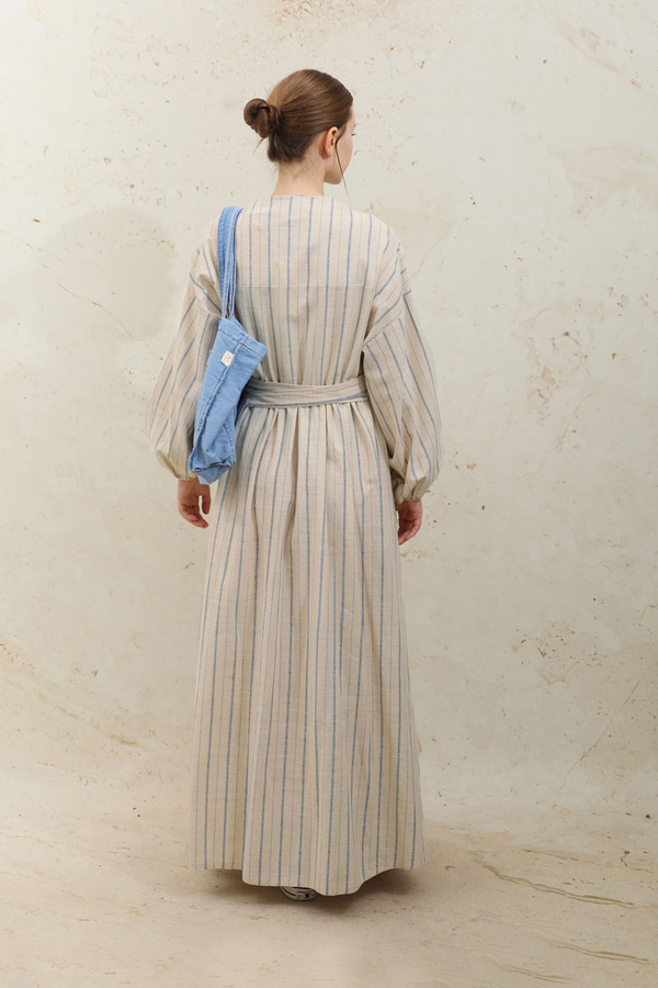 Yandan Bağlamalı Keten Kimona Mavi - 8