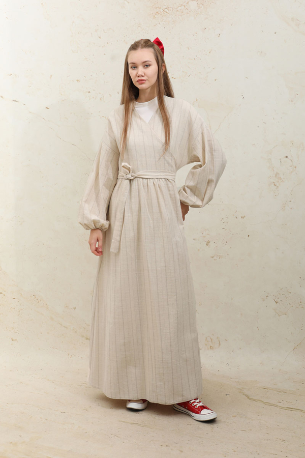 Yandan Bağlamalı Keten Kimona Vizon - 1