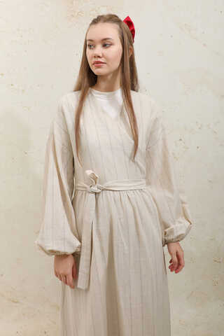 Yandan Bağlamalı Keten Kimona Vizon - 5