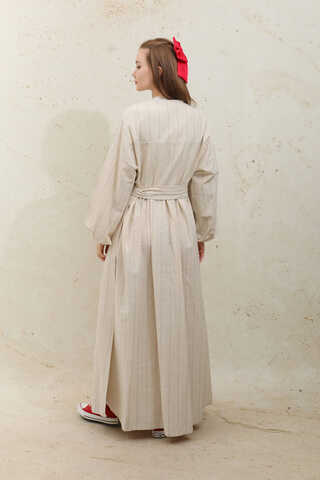 Yandan Bağlamalı Keten Kimona Vizon - 7