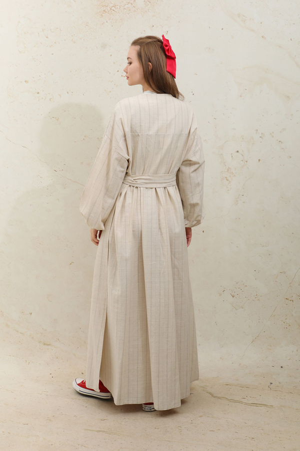 Yandan Bağlamalı Keten Kimona Vizon - 7