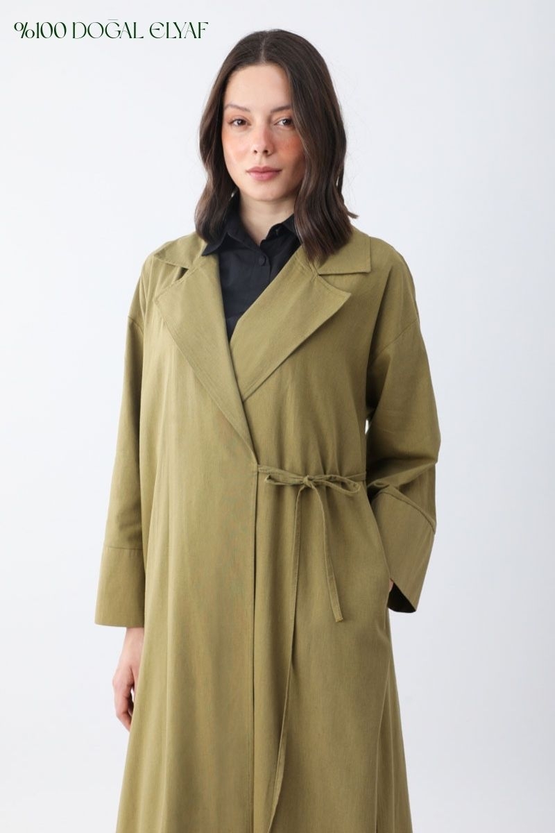 Tie-Waist Linen Trench Coat Khaki