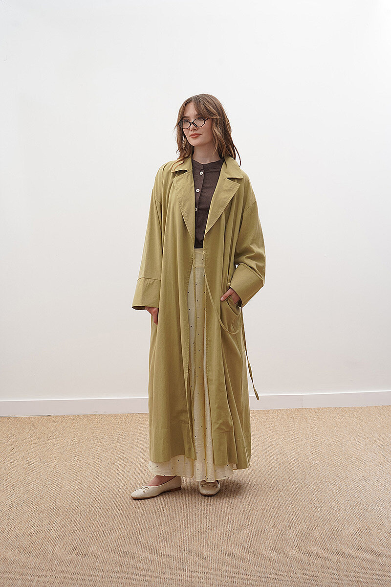 Tie-Waist Linen Trench Coat Khaki