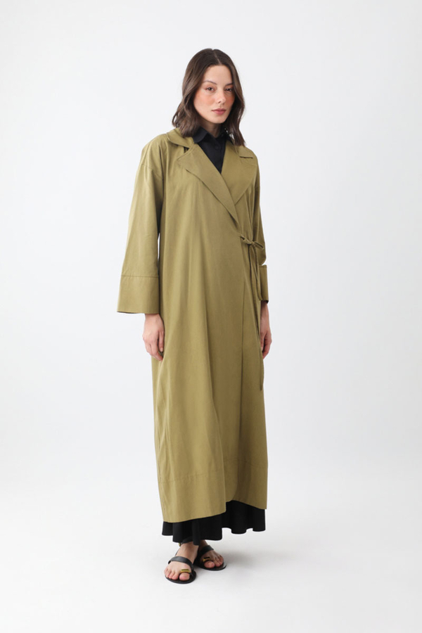 Bağlamalı Keten Trençkot Haki - 9
