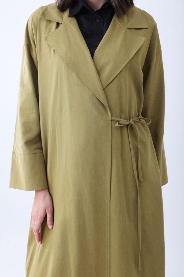 Bağlamalı Keten Trençkot Haki - 4