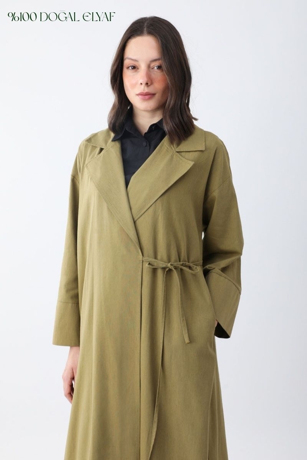 Tie-Waist Linen Trench Coat Khaki 