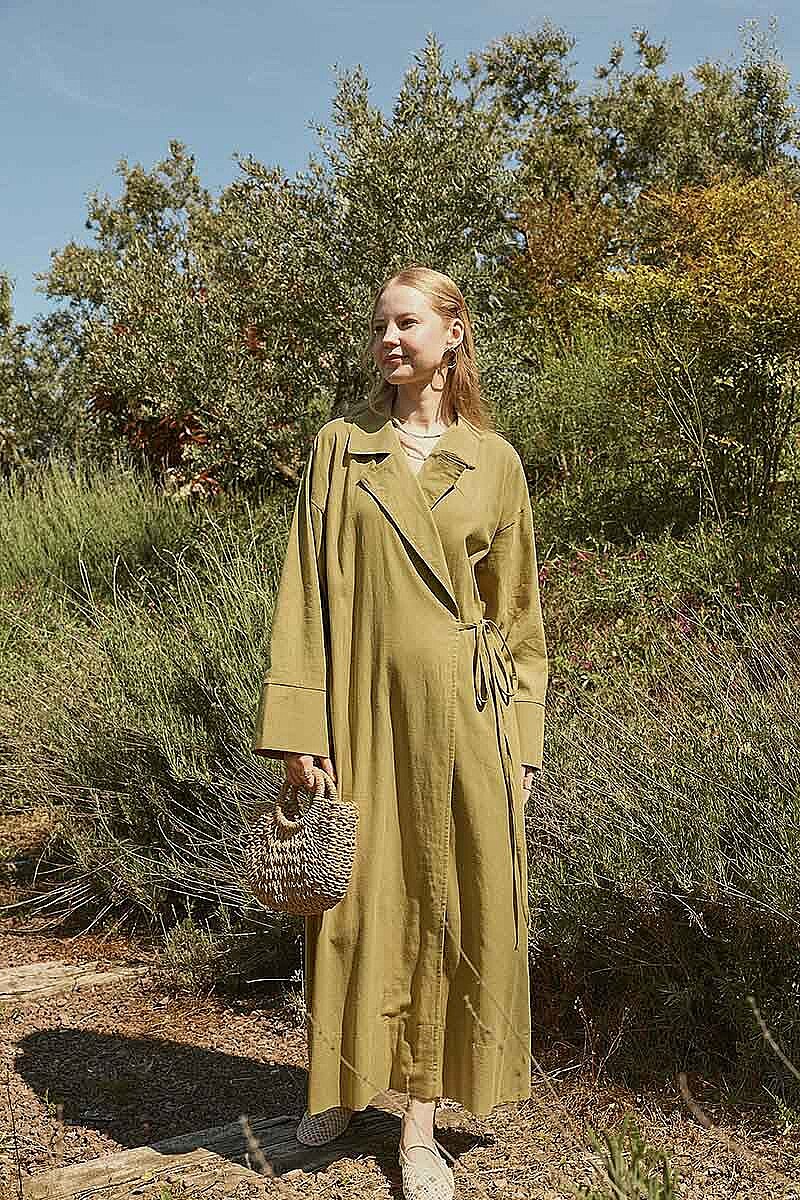 Tie-Waist Linen Trench Coat Khaki