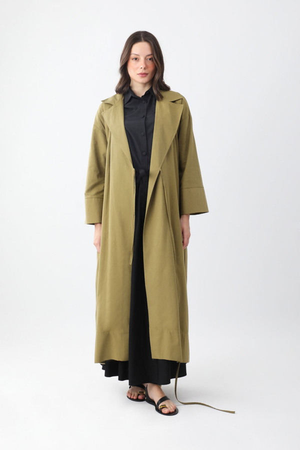 Bağlamalı Keten Trençkot Haki - 3