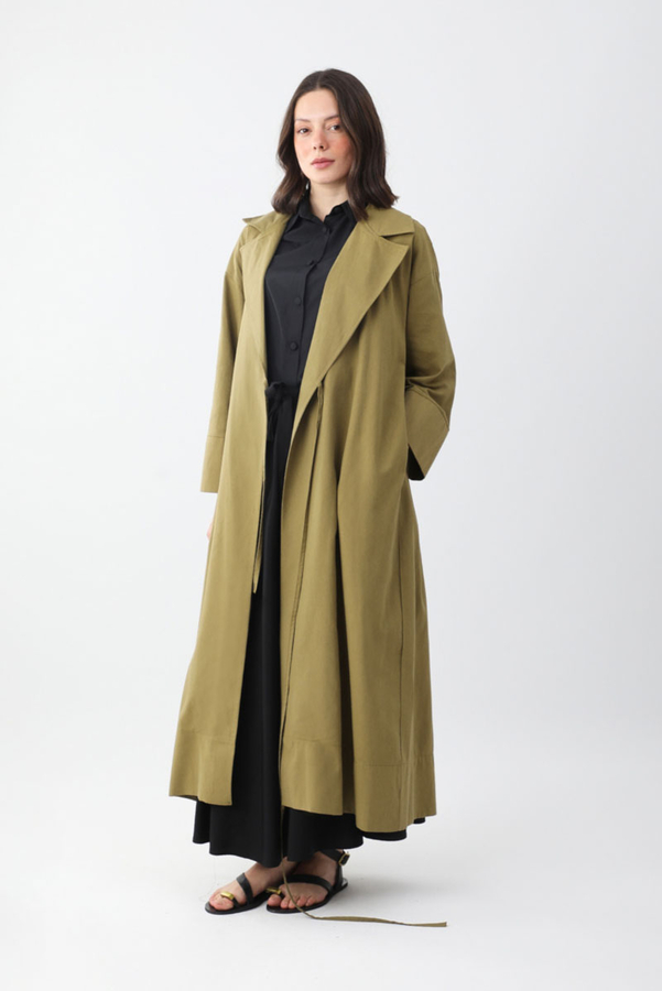 Bağlamalı Keten Trençkot Haki - 6