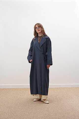 Bağlamalı Keten Trençkot  Lacivert - 1