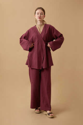 Yandan Bağlamalı Kimono Takım Bordo - 2