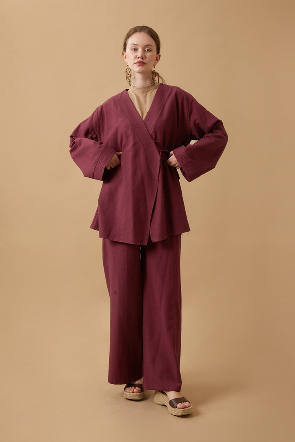 Yandan Bağlamalı Kimono Takım Bordo - 2
