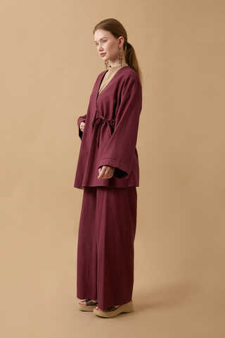 Yandan Bağlamalı Kimono Takım Bordo - 3