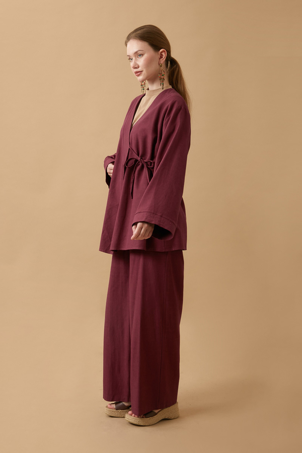 Yandan Bağlamalı Kimono Takım Bordo - 3