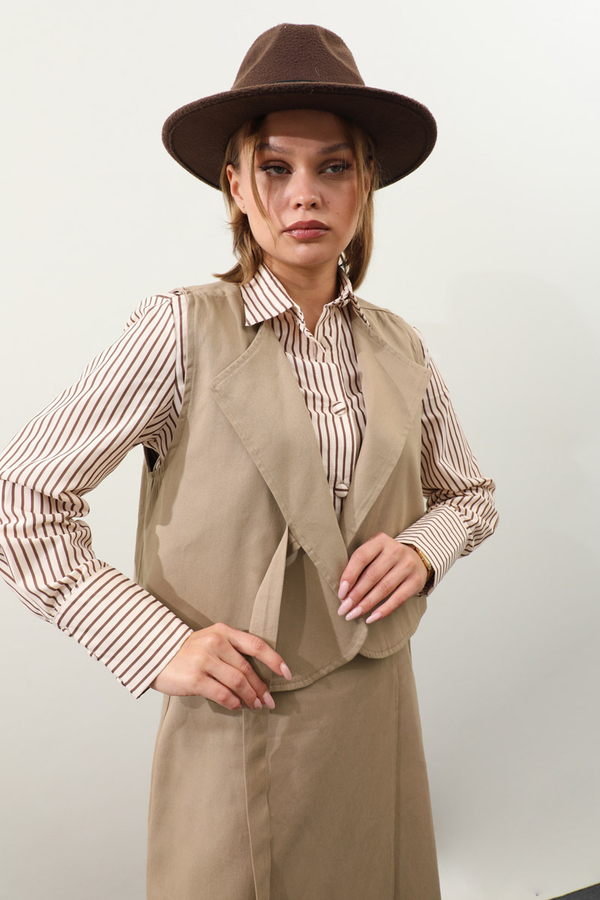 Yandan Bağlamalı Yelek Etek Takım Camel - 2