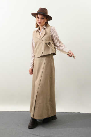 Yandan Bağlamalı Yelek Etek Takım Camel - 3