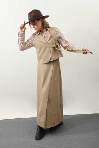 Yandan Bağlamalı Yelek Etek Takım Camel - 4