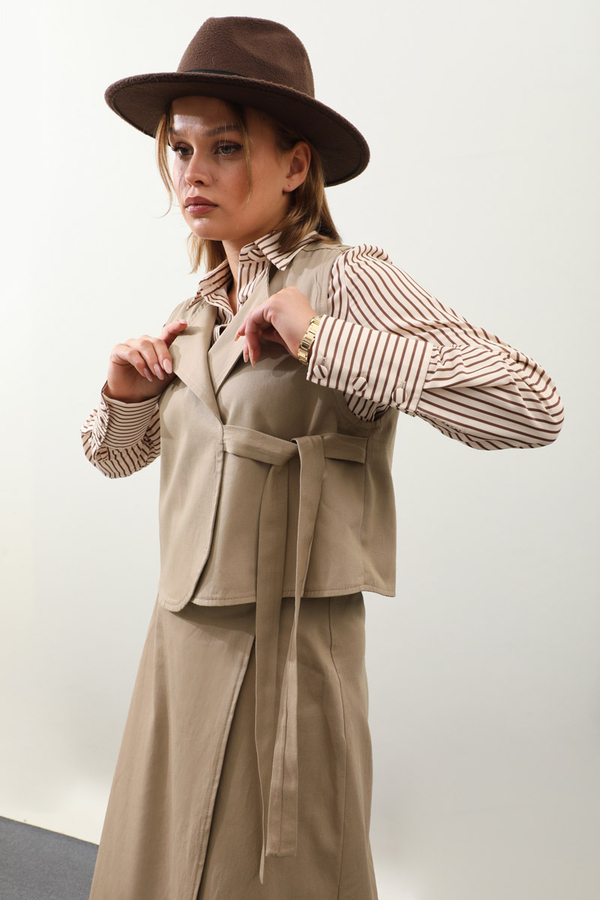 Yandan Bağlamalı Yelek Etek Takım Camel - 5