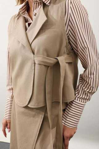 Yandan Bağlamalı Yelek Etek Takım Camel - 6