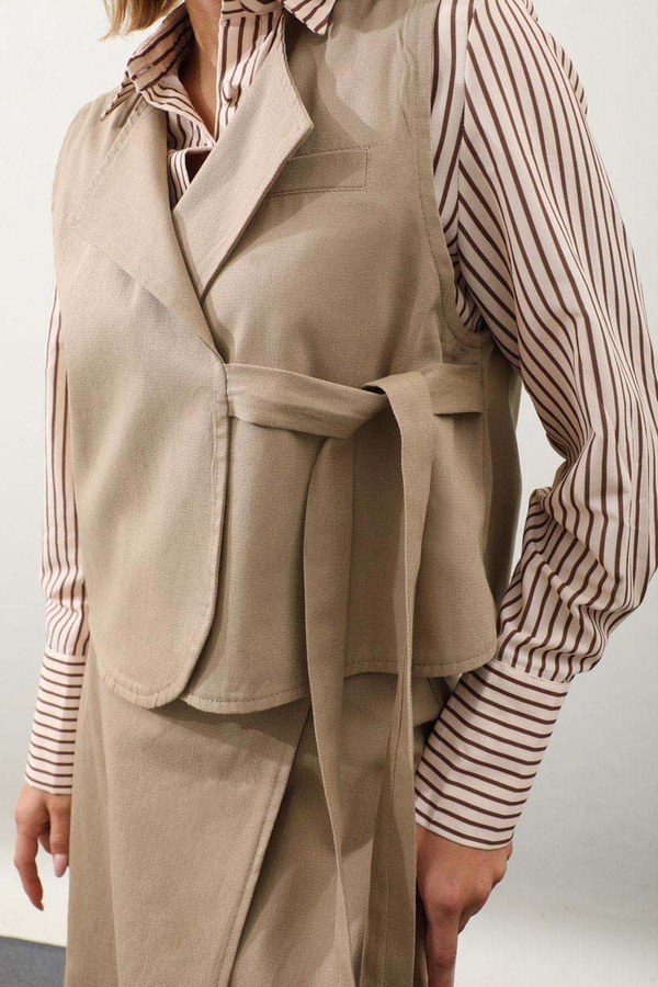 Yandan Bağlamalı Yelek Etek Takım Camel - 6