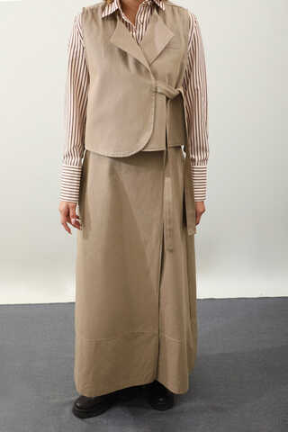 Yandan Bağlamalı Yelek Etek Takım Camel - 7